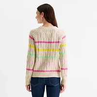 St. John's Bay Womens Crew Neck Long Sleeve Striped Cable Knit Pullover Sweater