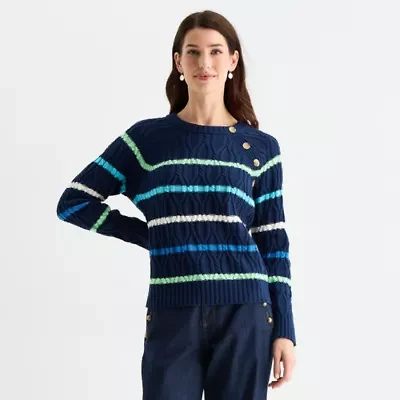 St. John's Bay Womens Crew Neck Long Sleeve Striped Cable Knit Pullover Sweater