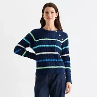 St. John's Bay Womens Crew Neck Long Sleeve Striped Cable Knit Pullover Sweater