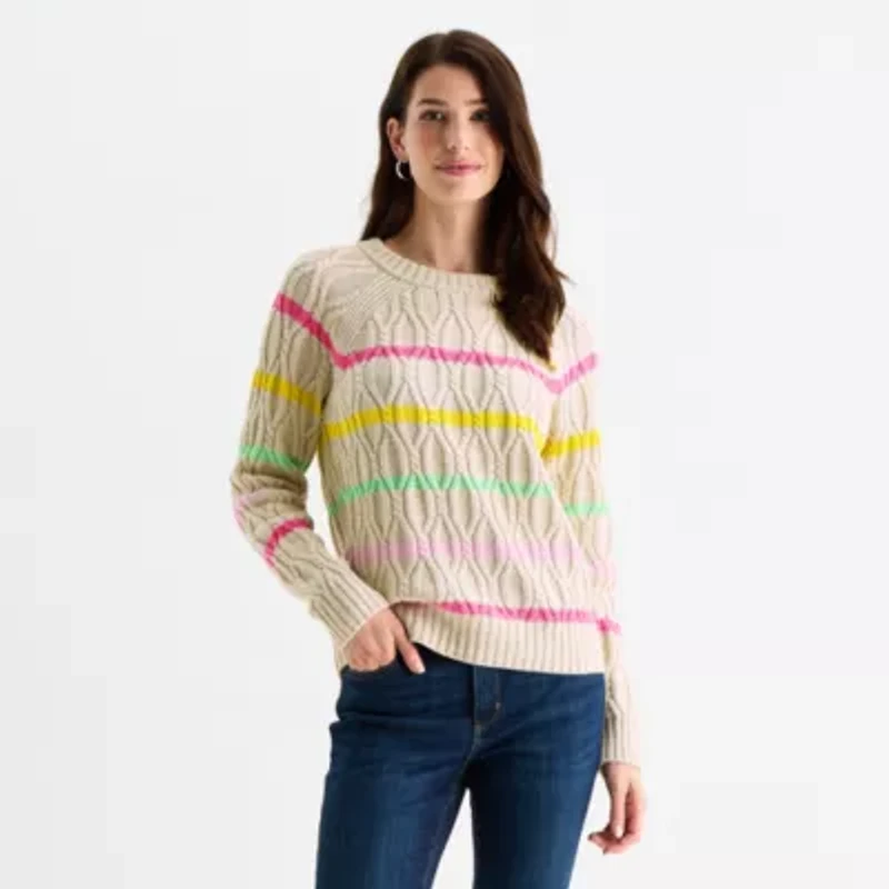 St. John's Bay Womens Crew Neck Long Sleeve Striped Cable Knit Pullover Sweater
