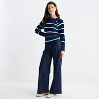 St. John's Bay Womens Crew Neck Long Sleeve Striped Cable Knit Pullover Sweater