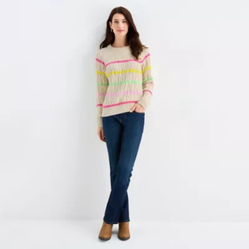 St. John's Bay Womens Crew Neck Long Sleeve Striped Cable Knit Pullover Sweater