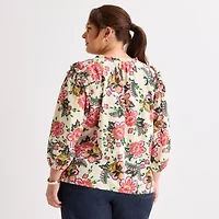 St. John's Bay Womens Plus Split Tie Neck 3/4 Sleeve Blouse