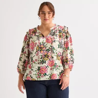 St. John's Bay Womens Plus Split Tie Neck 3/4 Sleeve Blouse