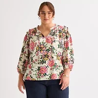 St. John's Bay Womens Plus Split Tie Neck 3/4 Sleeve Blouse