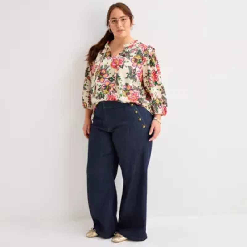 St. John's Bay Womens Plus Split Tie Neck 3/4 Sleeve Blouse