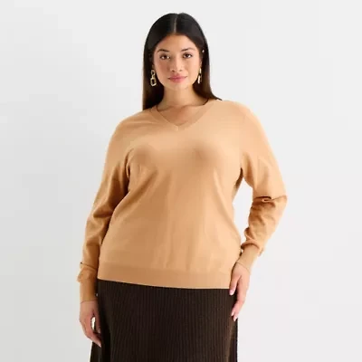 Worthington Plus Womens V Neck Long Sleeve Pullover Sweater