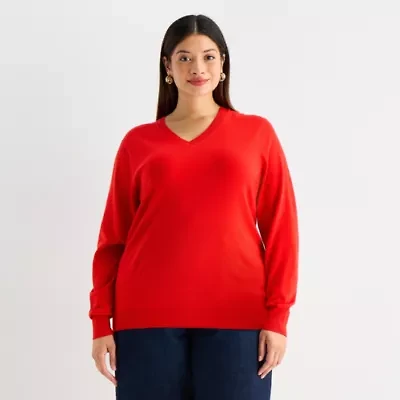 Worthington Plus Womens V Neck Long Sleeve Pullover Sweater
