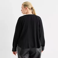 Worthington Womens Split Crew Neck Long Sleeve Plus Blouse