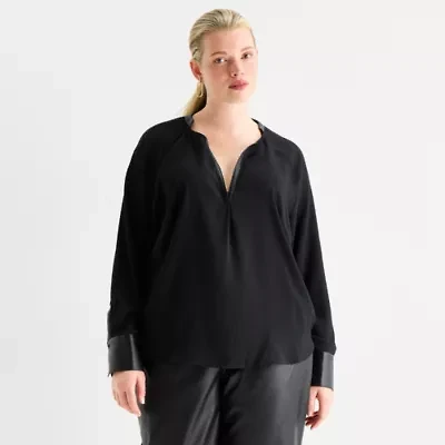 Worthington Womens Split Crew Neck Long Sleeve Plus Blouse