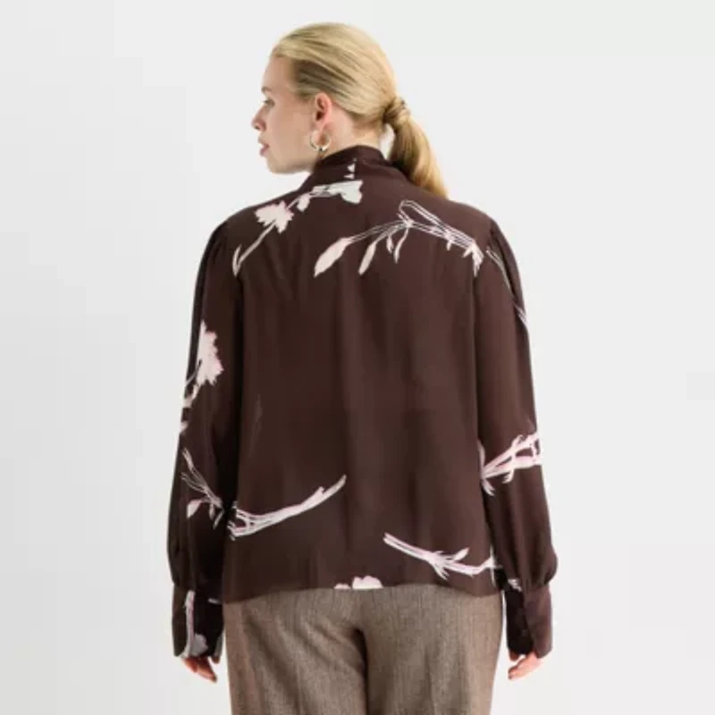 Worthington Womens Split Tie Neck Long Sleeve Plus Blouse