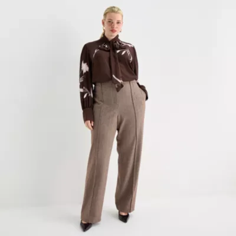 Worthington Womens Split Tie Neck Long Sleeve Plus Blouse