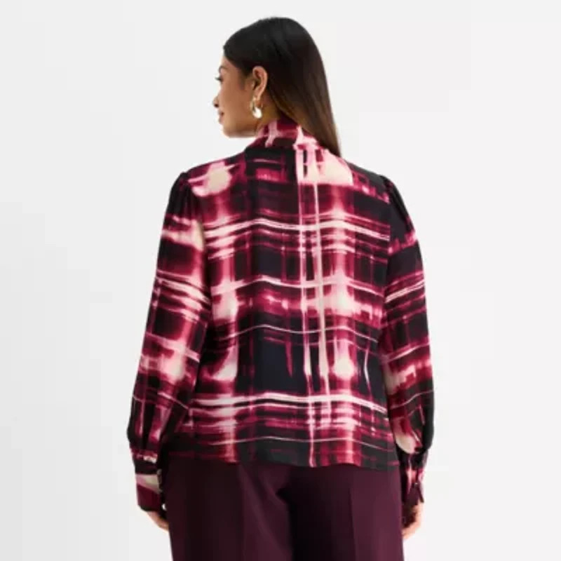 Worthington Womens Split Tie Neck Long Sleeve Plus Blouse