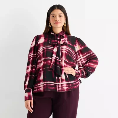 Worthington Womens Split Tie Neck Long Sleeve Plus Blouse