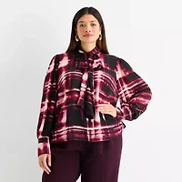 Worthington Womens Split Tie Neck Long Sleeve Plus Blouse