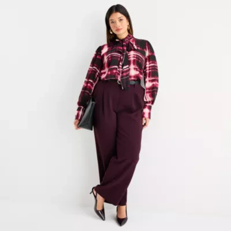 Worthington Womens Split Tie Neck Long Sleeve Plus Blouse
