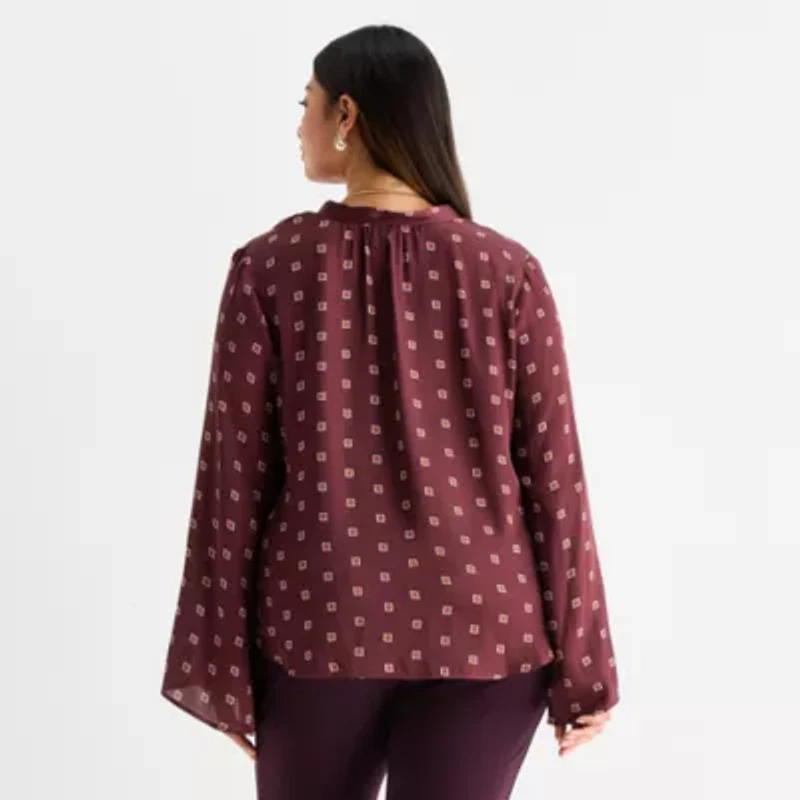 Worthington Womens Henley Neck Long Sleeve Satin Plus Blouse