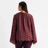 Worthington Womens Henley Neck Long Sleeve Satin Plus Blouse