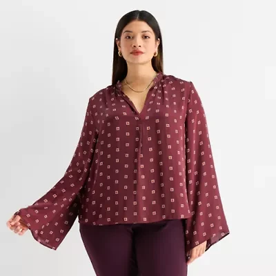 Worthington Womens Henley Neck Long Sleeve Satin Plus Blouse
