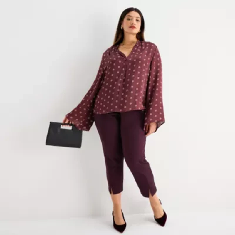Worthington Womens Henley Neck Long Sleeve Satin Plus Blouse