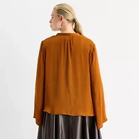 Worthington Womens Henley Neck Long Sleeve Satin Plus Blouse