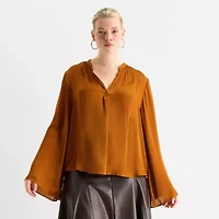 Worthington Womens Henley Neck Long Sleeve Satin Plus Blouse