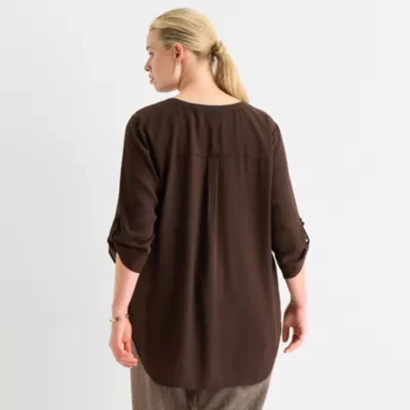 Worthington Womens Split Crew Neck 3/4 Sleeve Blouse