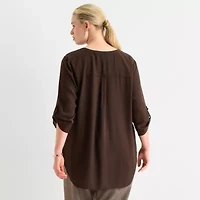 Worthington Womens Split Crew Neck 3/4 Sleeve Blouse