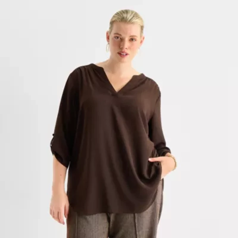 Worthington Womens Split Crew Neck 3/4 Sleeve Blouse