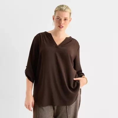 Worthington Womens Split Crew Neck 3/4 Sleeve Blouse