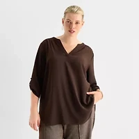 Worthington Womens Split Crew Neck 3/4 Sleeve Blouse