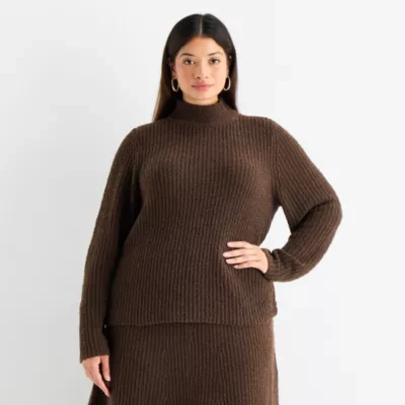 Worthington Plus Womens Mock Neck Long Sleeve Pullover Sweater