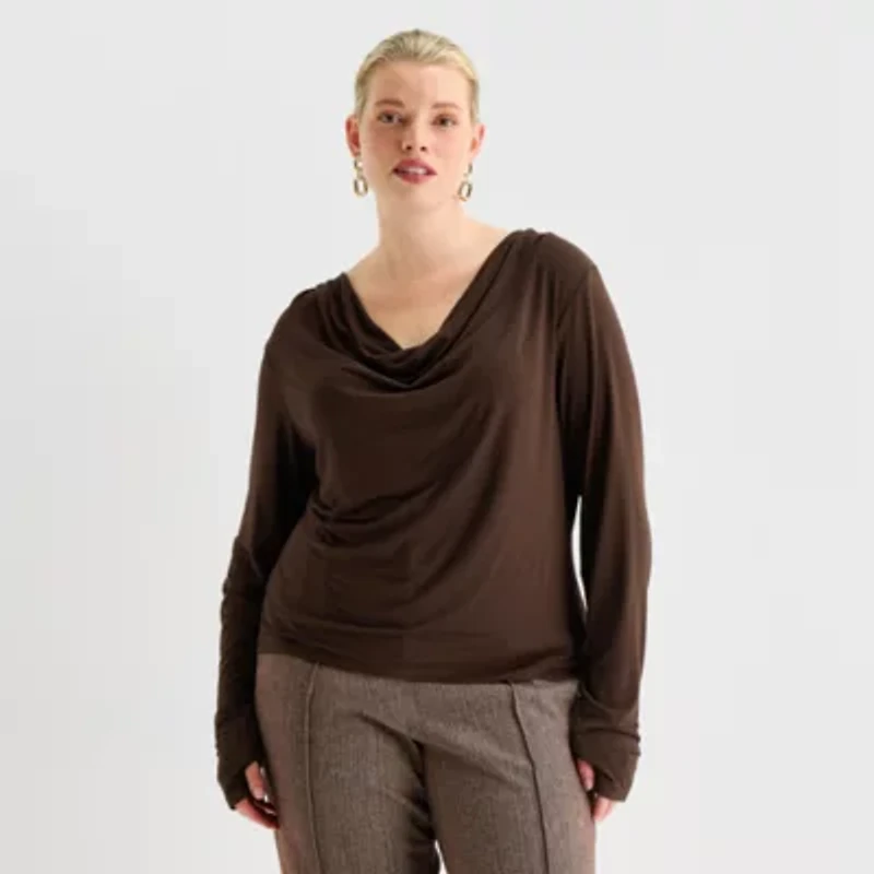 Worthington Womens Cowl Neck Long Sleeve Plus Blouse