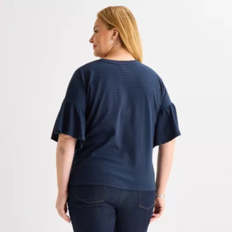 Liz Claiborne Womens Plus Crew Neck Short Sleeve Blouse