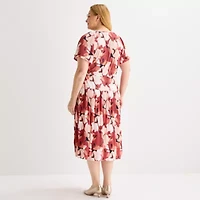 Liz Claiborne Womens Plus Short Sleeve Midi Floral A-Line Dress