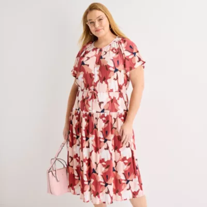 Liz Claiborne Womens Plus Short Sleeve Midi Floral A-Line Dress