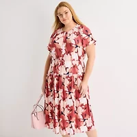 Liz Claiborne Womens Plus Short Sleeve Midi Floral A-Line Dress
