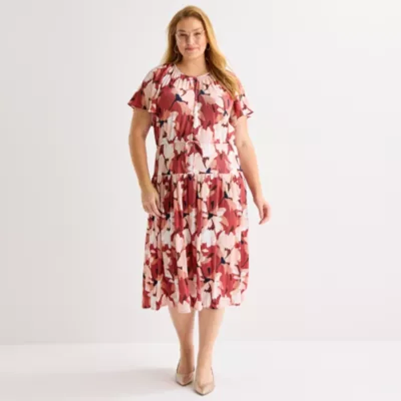 Liz Claiborne Womens Plus Short Sleeve Midi Floral A-Line Dress