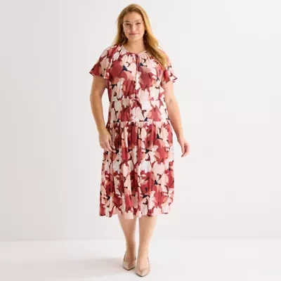 Liz Claiborne Womens Short Sleeve Midi Floral Plus A-Line Dress