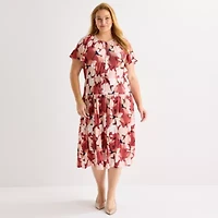 Liz Claiborne Womens Plus Short Sleeve Midi Floral A-Line Dress