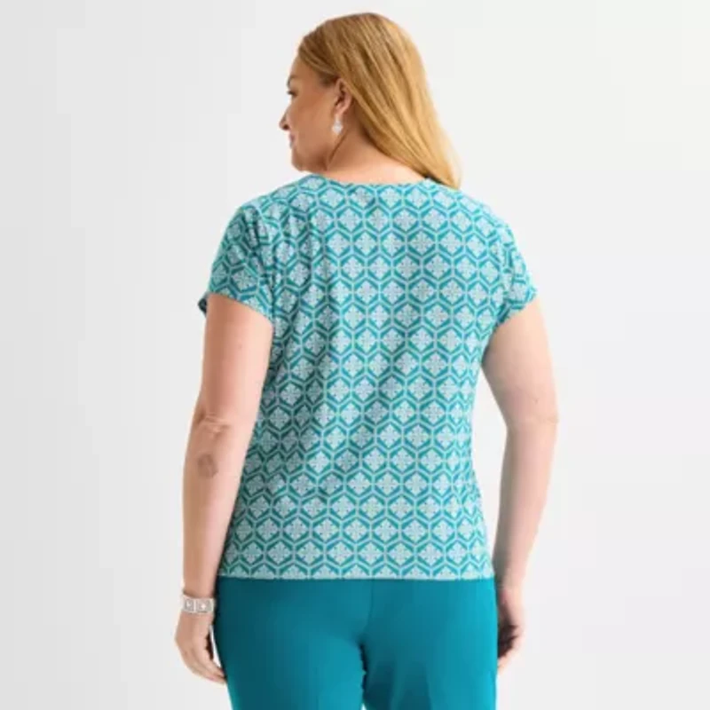 Liz Claiborne Womens Plus V Neck Short Sleeve Blouse
