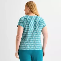 Liz Claiborne Womens Plus V Neck Short Sleeve Blouse