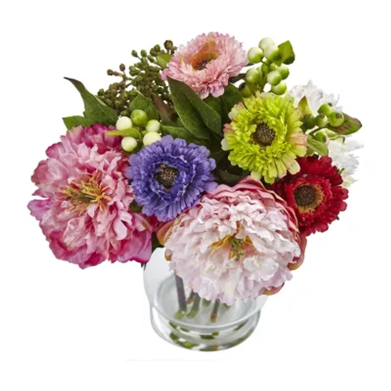 Nearly Natural Peony And Mum In Glass Vase Artificial Flowers