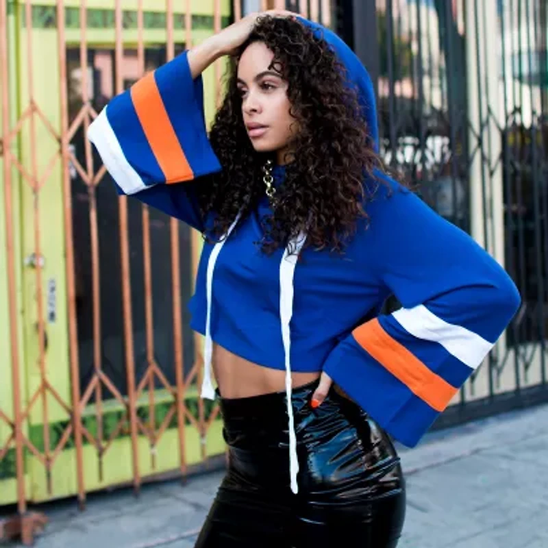 Poetic Justice Womens Plus Hooded Long Sleeve Crop Top