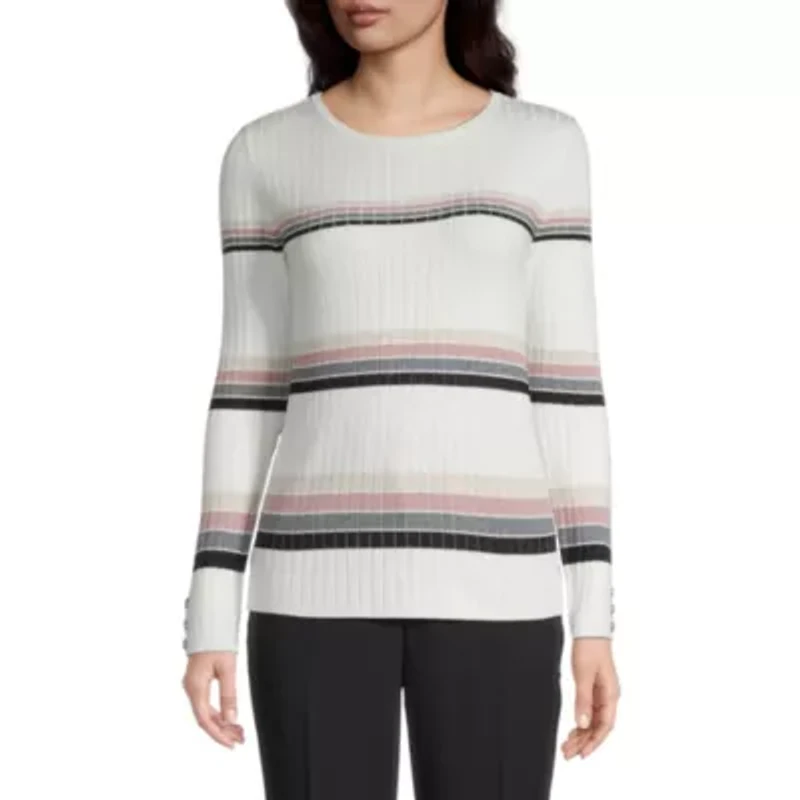 Liz Claiborne Womens Crew Neck Long Sleeve Striped Pullover Sweater