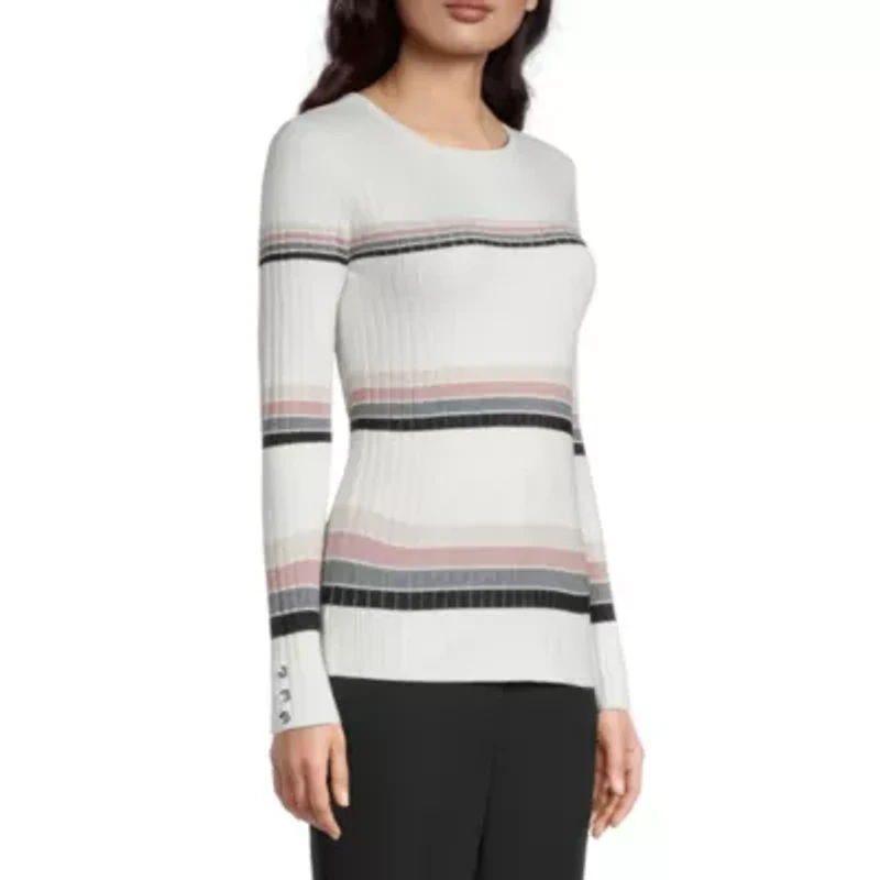 Liz Claiborne Womens Crew Neck Long Sleeve Striped Pullover Sweater