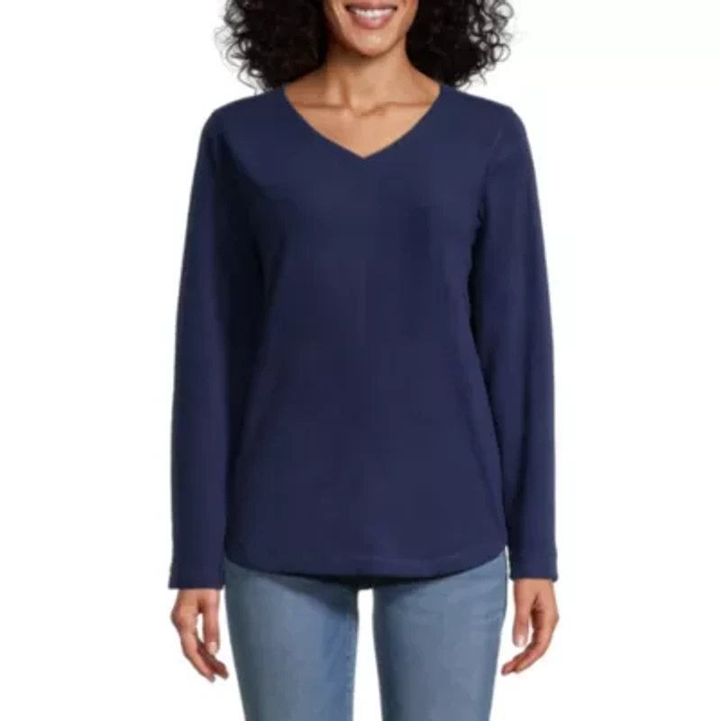 St. John's Bay Polar Fleece Womens V Neck Long Sleeve Sweatshirt