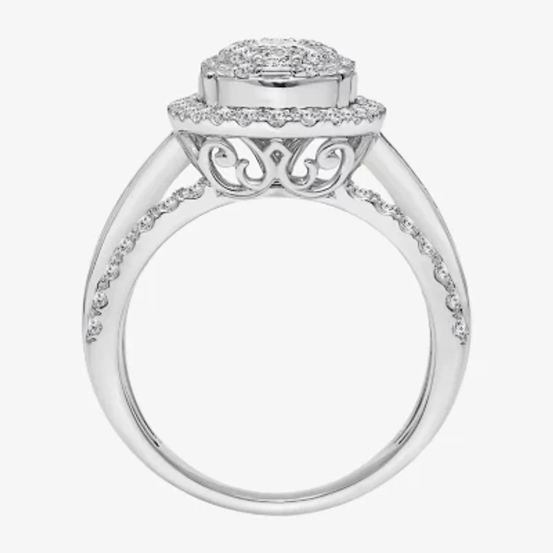 (I / I1) Womens 2 CT. T.W. Lab Grown White Diamond 10K Gold Oval Side Stone Engagement Ring
