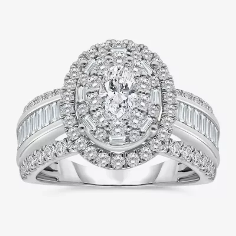 (I / I1) Womens 2 CT. T.W. Lab Grown White Diamond 10K Gold Oval Side Stone Engagement Ring