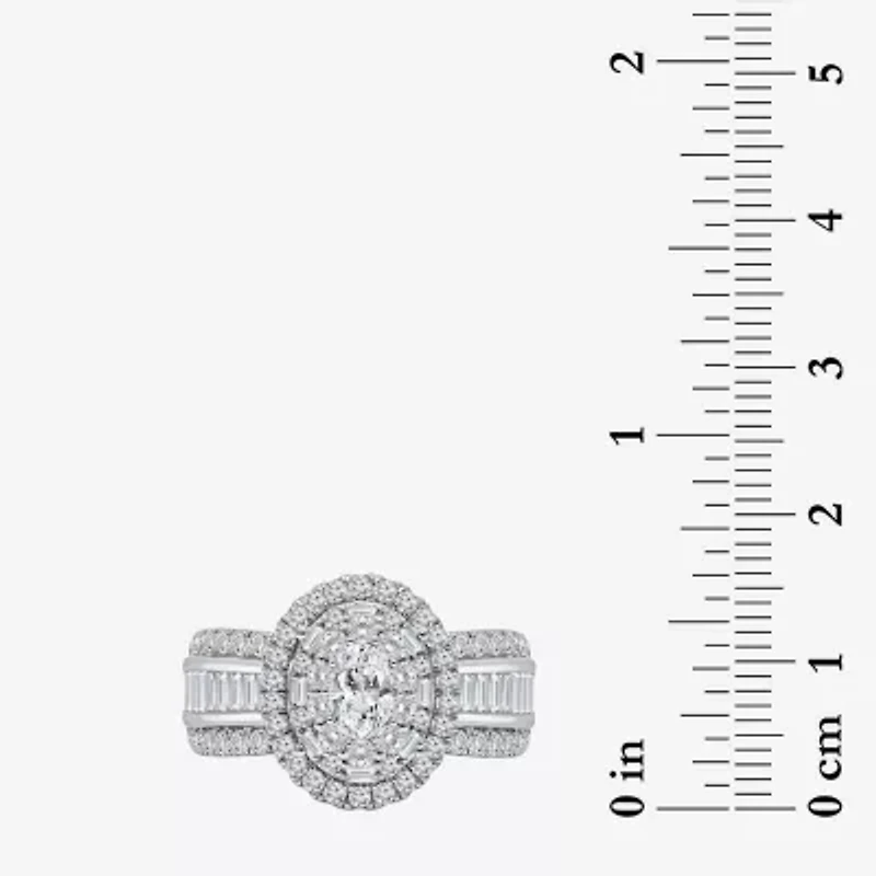(I / I1) Womens 2 CT. T.W. Lab Grown White Diamond 10K Gold Oval Side Stone Engagement Ring